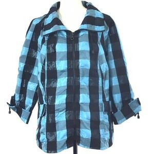 Women Lightweight Jacket Sz Large Black Turquoise Blue Big Gingham Check Crinkle